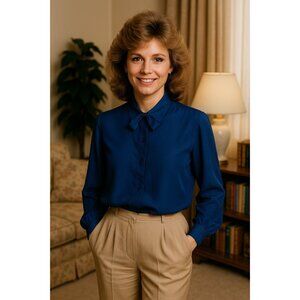 Vintage 1980s Country Suburban Navy  Bow Blouse Size 12 Satin